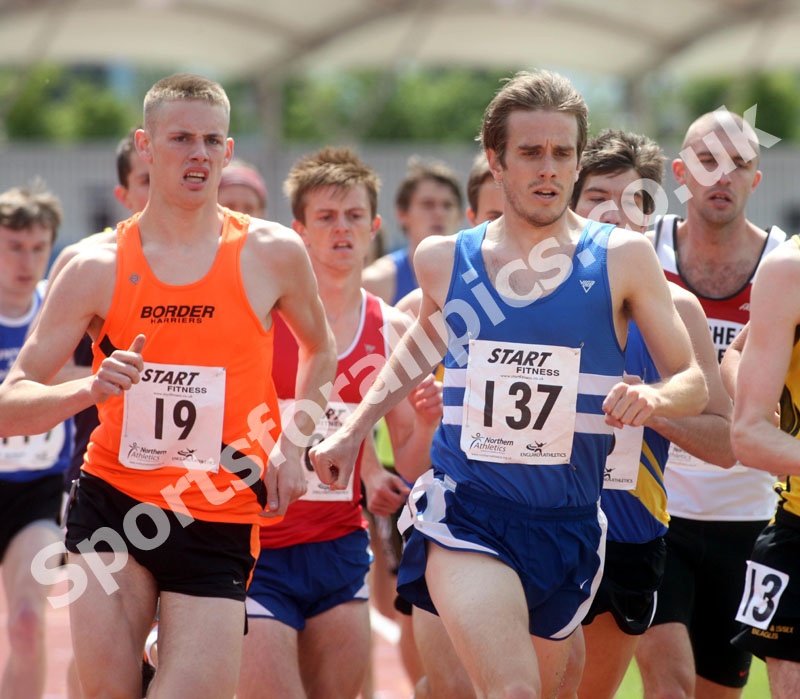 19 Kevin Bell (Border Harriers) and 137 Matthew Nicholson (Morpeth Harriers) the senior 1500 metres, Northern Championships, Sport City, Manchester